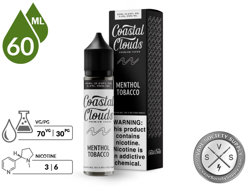 Menthol Tobacco Coastal Clouds 60ml bottle and box with a 70/30 VG/PG icon and nicotine strength icons