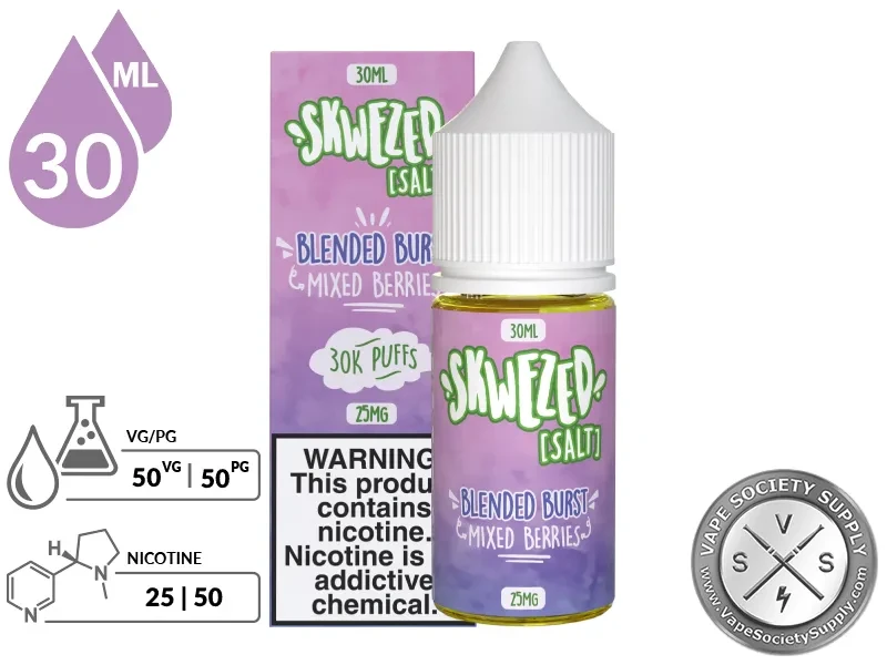 Mixed Berries by Skwezed Salt 30ml bottle and box with a 50/50 VG/PG icon and nicotine strength icons