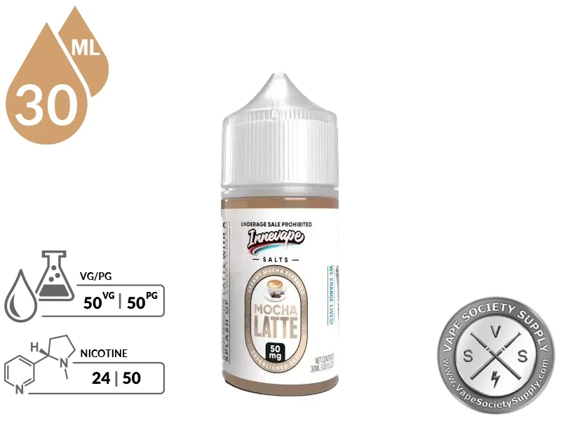 Mocha Latte Innevape Salts 30ml bottle with a 50/50 VG/PG icon and nicotine strength icons
