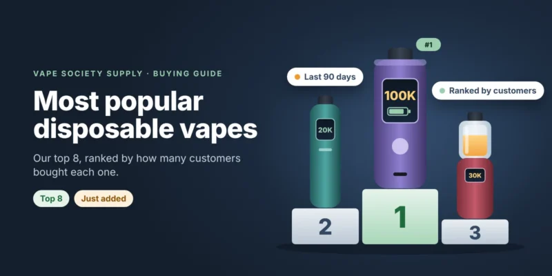 Most popular disposable vapes guide graphic: three disposable vapes on a podium, with the 100K device in first place