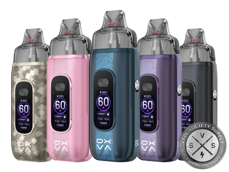 Five OXVA VPRIME 2 pod kits in Shard Gold, Mirage Pink, Mirage Blue, Mirage Purple and Black Carbon