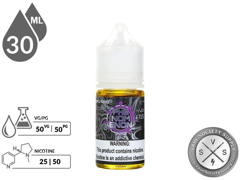 Phenomenon by Nomenon Salt 30ml bottle with a 50/50 VG/PG icon and nicotine strength icons