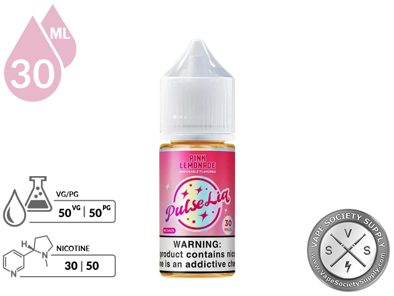 Pink Lemonade by Pulse Liq Salts 30ml bottle with VG/PG and nicotine strength icons