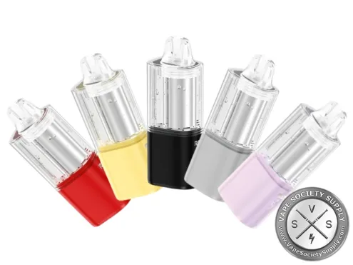 Five RAZ VUE 70K disposable pods with red, yellow, black, gray and lilac bases