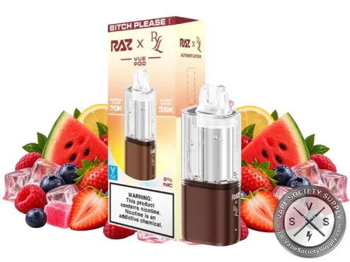 RAZ VUE 70K Bitch Please! disposable pod and box with watermelon, lemon, strawberries, raspberries and blueberries