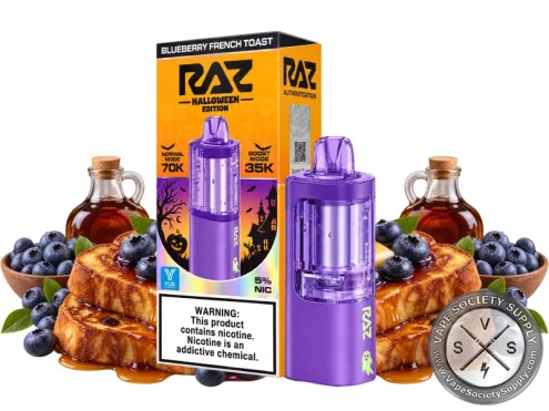RAZ VUE 70K Halloween Edition Blueberry French Toast disposable pod and box with French toast, blueberries and maple syrup