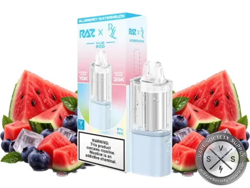 RAZ VUE 70K Blueberry Watermelon disposable pod and box with watermelon wedges, blueberries and ice