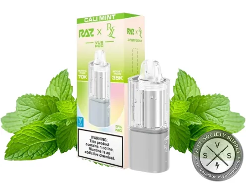 RAZ VUE 70K Cali Mint disposable pod and box with fresh mint leaves