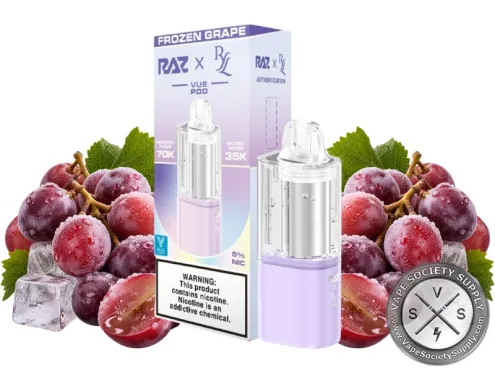 RAZ VUE 70K Frozen Grape disposable pod and box with frosted red grapes and ice