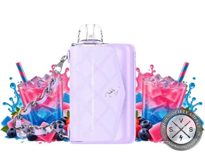 RAZ x RYL VUE 70K Pink & Blue disposable kit with pink and blue iced drinks, blueberries and pink gummy cubes