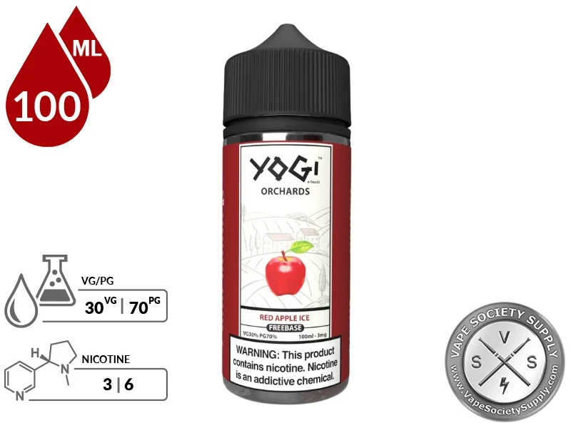 Red Apple Ice by YOGI Orchards 100ml bottle with a 30/70 VG/PG icon and nicotine strength icons