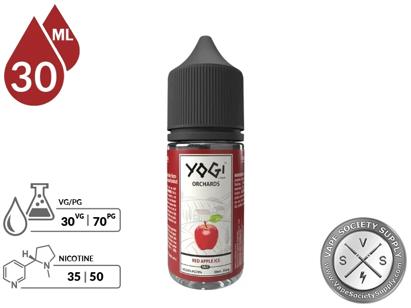 Red Apple Ice by YOGI Orchards Salt 30ml bottle with a 30/70 VG/PG icon and nicotine strength icons