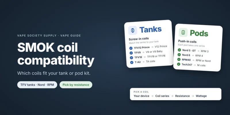 SMOK coil compatibility graphic: tanks such as the TFV12 Prince and TFV18 and pods such as the Nord 5 and Nord 6, each matched to its coil series, then pick by resistance and wattage
