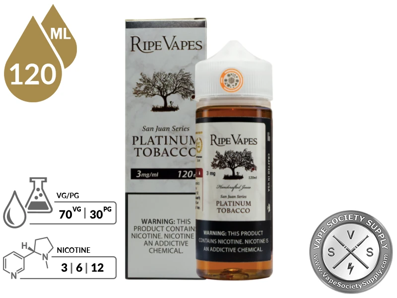 San Juan Platinum by Ripe Vapes 120ml bottle with a 70/30 VG/PG icon and nicotine strength icons