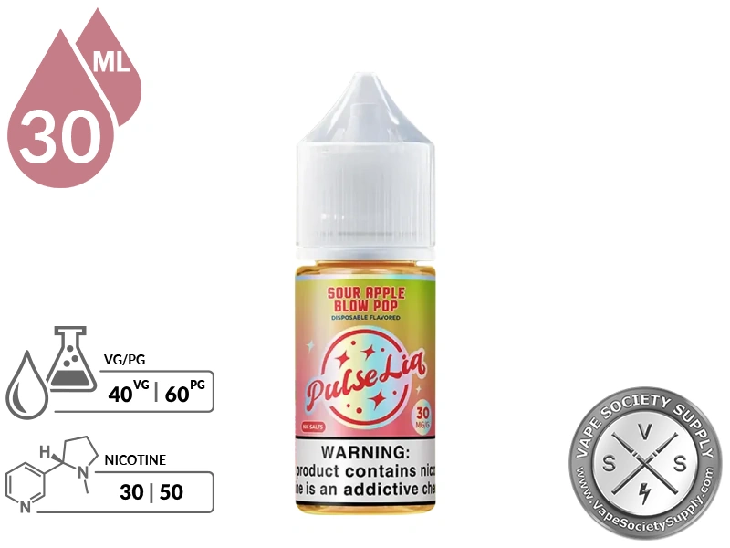 Sour Apple B Pop by Pulse Liq Salts 30ml bottle with VG/PG and nicotine strength icons