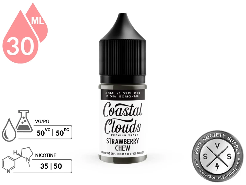 Strawberry Chew Coastal Clouds Salt 30ml bottle with a 50/50 VG/PG icon and nicotine strength icons