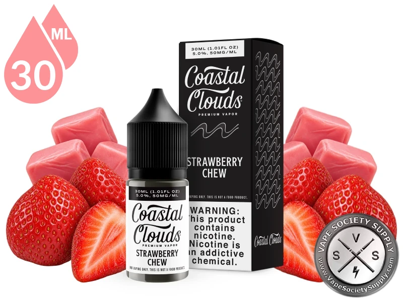 Strawberry Chew Coastal Clouds Salt 30ml bottle and box with strawberries and pink fruit chews