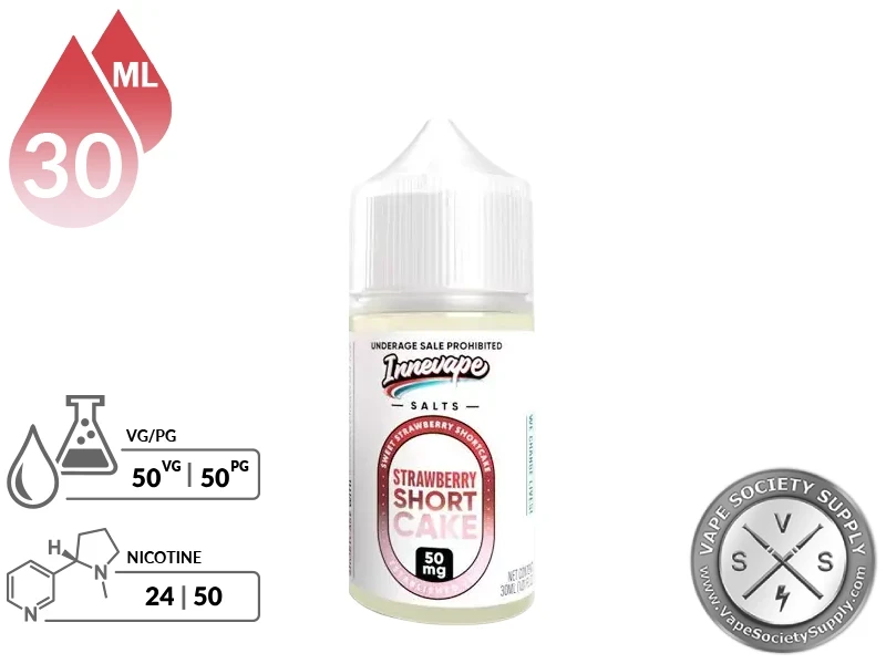 Strawberry Shortcake Innevape Salts 30ml bottle with a 50/50 VG/PG icon and nicotine strength icons