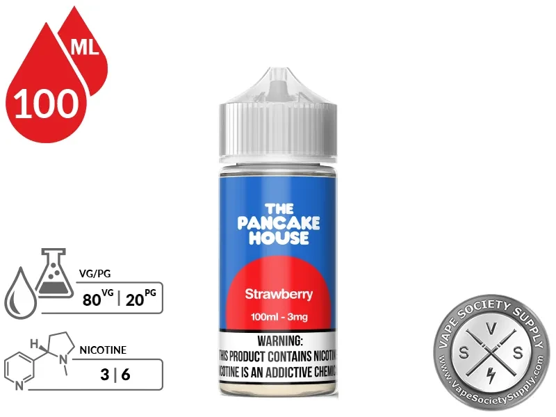 Strawberry by The Pancake House 100ml bottle with an 80/20 VG/PG icon and nicotine strength icons