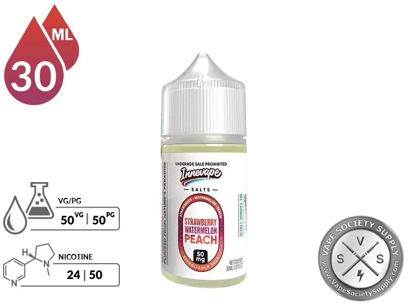 Strawberry Watermelon Peach Innevape Salts 30ml bottle with a 50/50 VG/PG icon and nicotine strength icons