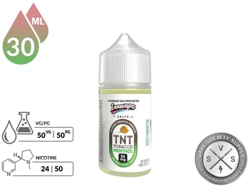 TNT Tobacco Menthol Innevape Salts 30ml bottle with a 50/50 VG/PG icon and nicotine strength icons