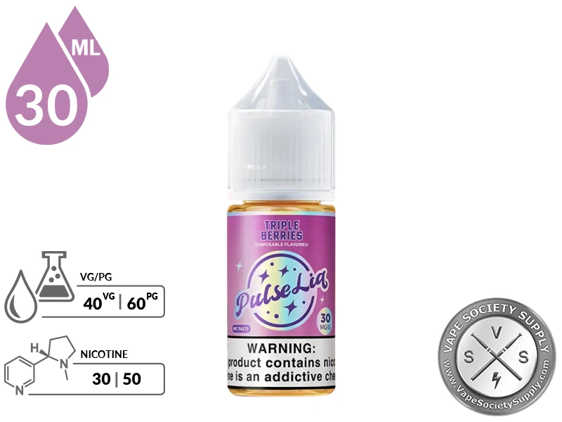 Triple Berries by Pulse Liq Salts 30ml bottle with VG/PG and nicotine strength icons