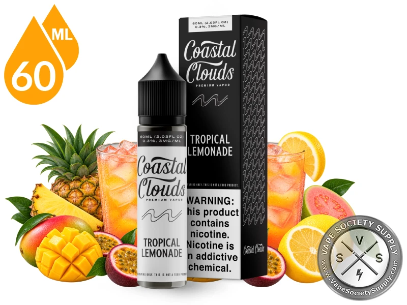 Tropical Lemonade Coastal Clouds 60ml bottle and box with glasses of lemonade with pineapple, mango, passion fruit and lemons