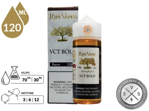 VCT Bold by Ripe Vapes 120ml bottle with a 70/30 VG/PG icon and nicotine strength icons