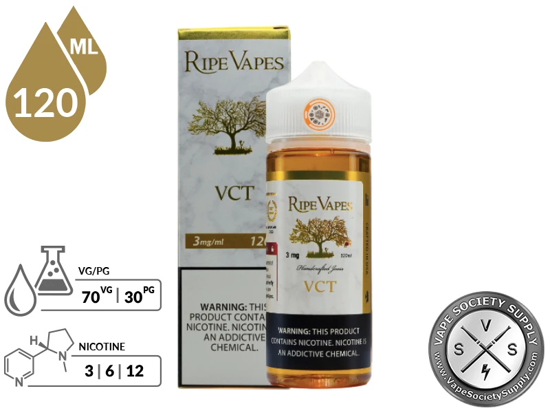 VCT by Ripe Vapes 120ml bottle with a 70/30 VG/PG icon and nicotine strength icons