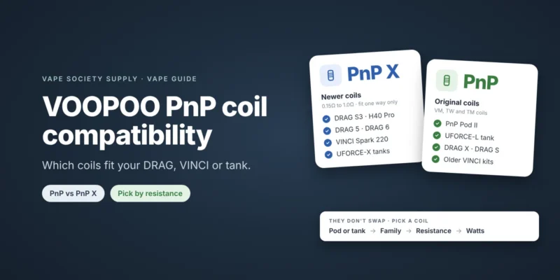 VOOPOO PnP coil compatibility guide graphic: which VOOPOO pods, tanks and kits take PnP X coils and which take original PnP coils