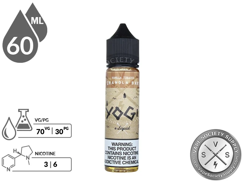 Vanilla Tobacco Granola Bar by YOGI 60ml bottle with a 70/30 VG/PG icon and nicotine strength icons