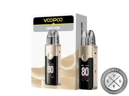 VOOPOO VINCI E80 pod kit in Gold next to its box