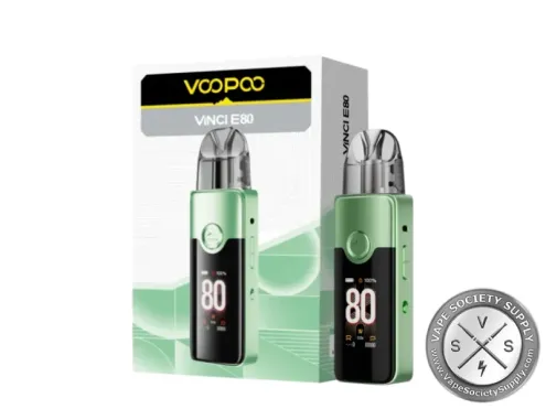 VOOPOO VINCI E80 pod kit in Green next to its box