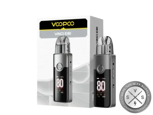 VOOPOO VINCI E80 pod kit in Metal Gray next to its box