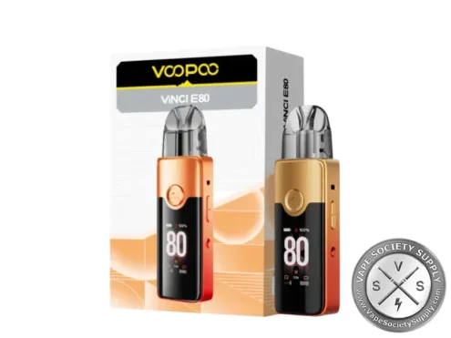 VOOPOO VINCI E80 pod kit in Orange-Red Gradient next to its box