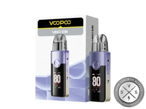 VOOPOO VINCI E80 pod kit in Purple-Gold Gradient next to its box