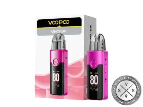 VOOPOO VINCI E80 pod kit in Rose Red next to its box
