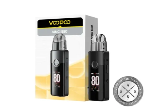 VOOPOO VINCI E80 pod kit in Spray Black next to its box
