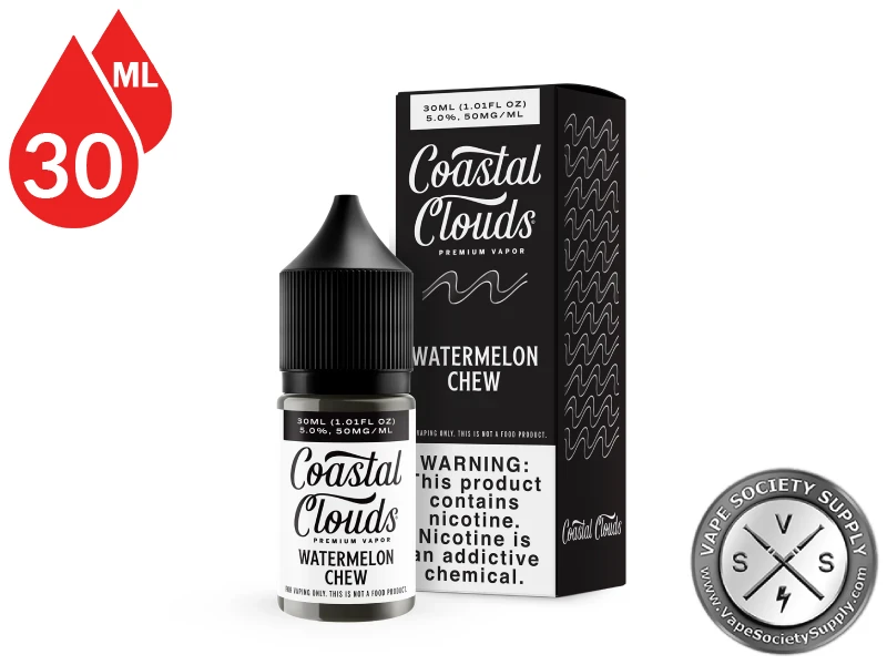 Watermelon Chew Coastal Clouds Salt 30ml bottle in front of its box