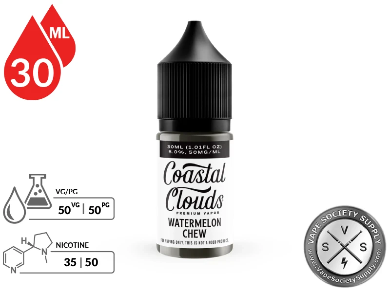 Watermelon Chew Coastal Clouds Salt 30ml bottle with a 50/50 VG/PG icon and nicotine strength icons