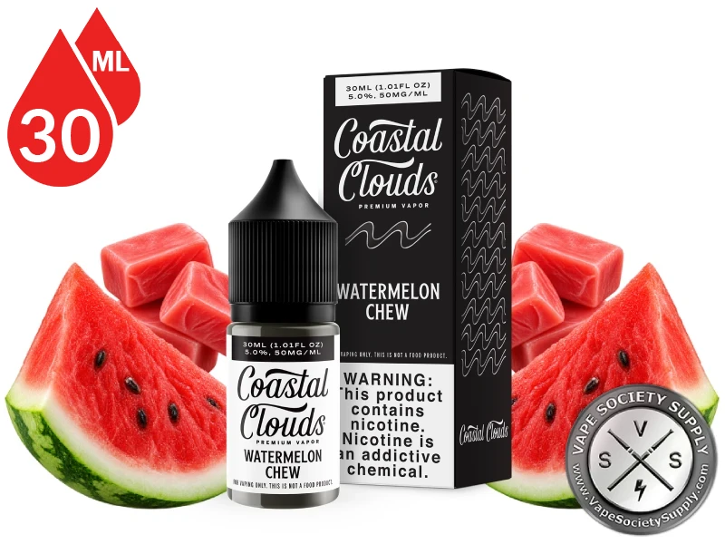 Watermelon Chew Coastal Clouds Salt 30ml bottle and box with watermelon slices and red fruit chews
