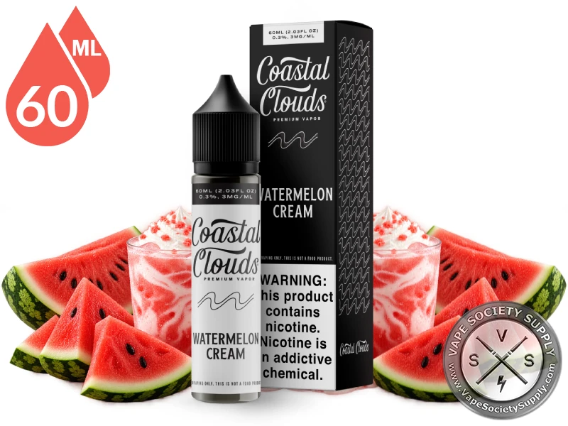 Watermelon Cream Coastal Clouds 60ml bottle and box with watermelon slices and creamy watermelon drinks