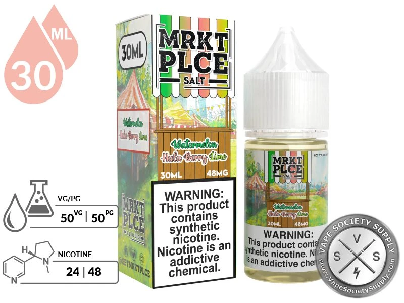 Watermelon Hula Berry Lime by MRKT PLCE Salt 30ml bottle and box with a 50/50 VG/PG icon and nicotine strength icons