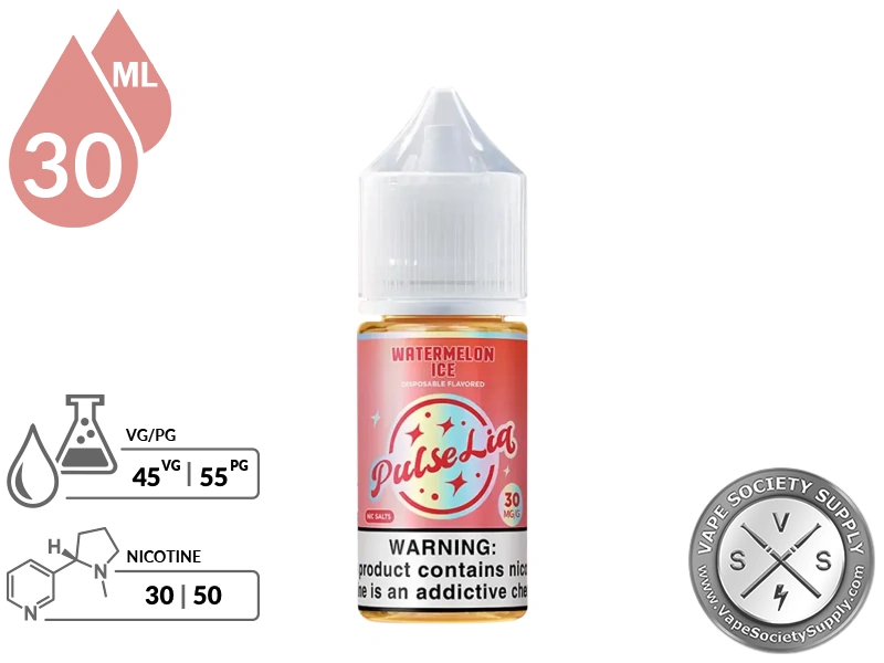 Watermelon Ice by Pulse Liq Salts 30ml bottle with VG/PG and nicotine strength icons