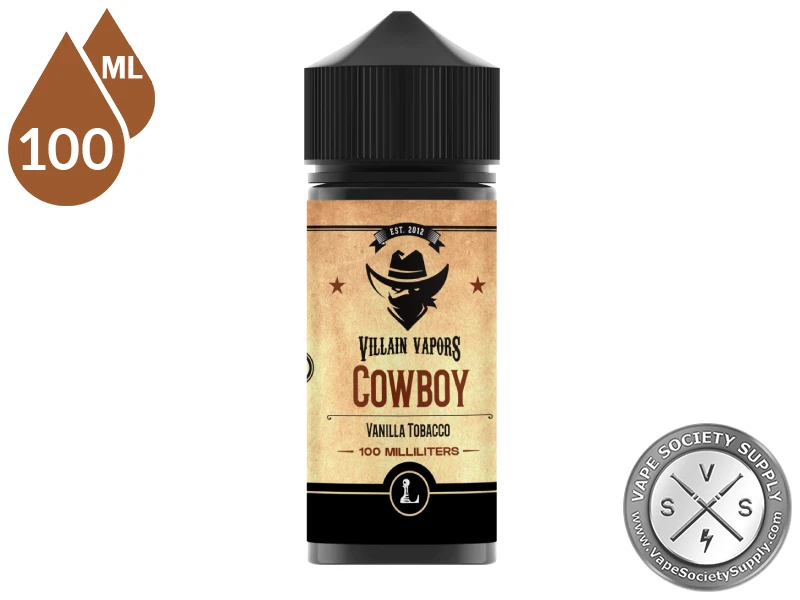 Cowboy Villain Vapors e-liquid bottle and retail packaging