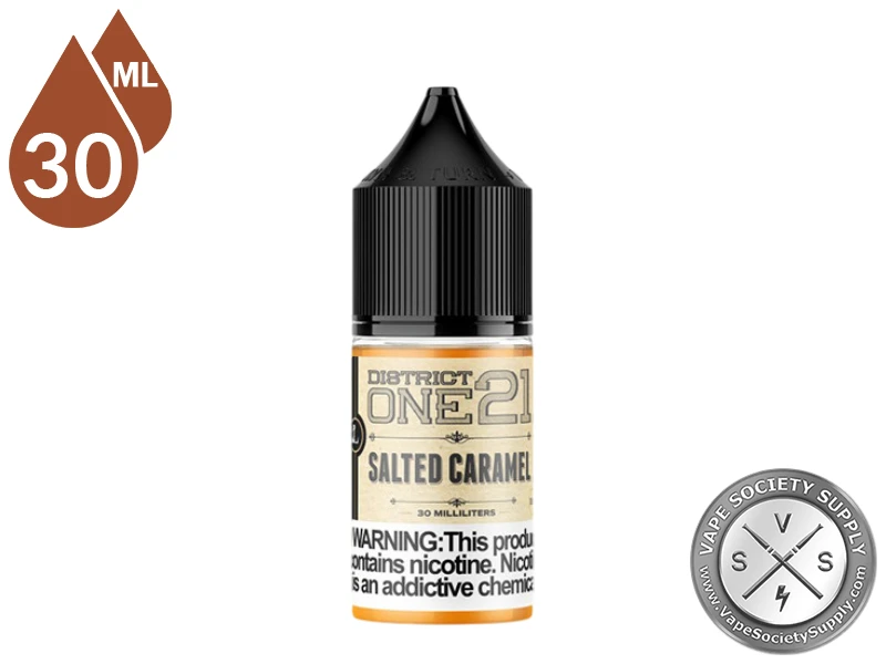 Salted Caramel District One21 Salt nicotine salt bottle and retail packaging