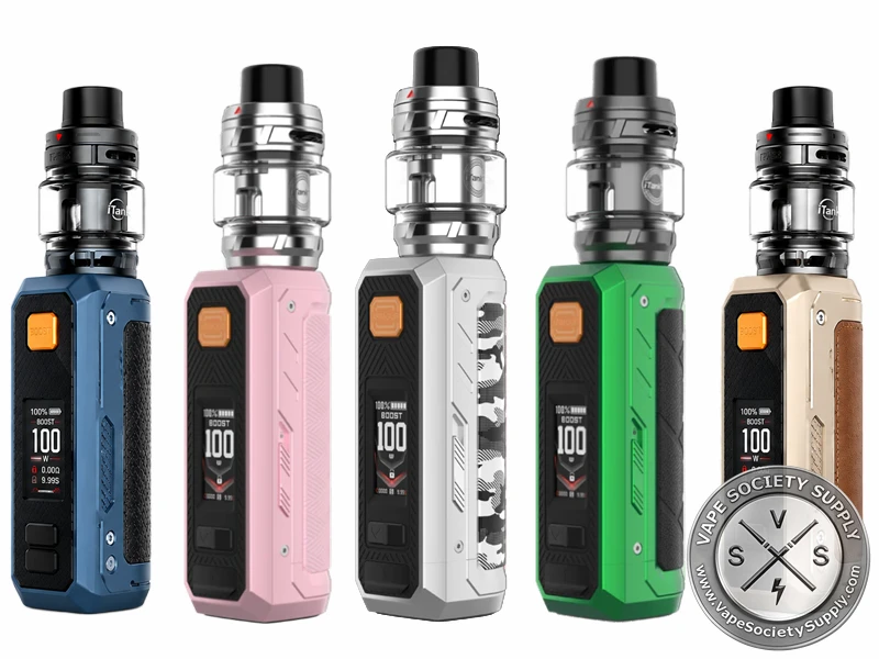 Vaporesso Armour Ultra Starter Kit displayed in five color options: Storm Blue, Light Pink, Silver Camo, Emerald Green, and Dune Gold.