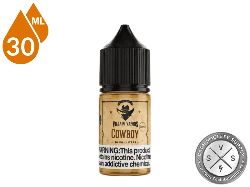 Cowboy Villain Vapors Salt nicotine salt bottle and retail packaging