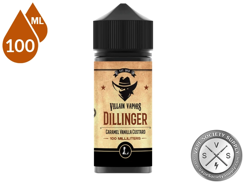 Dillinger Villain Vapors e-liquid bottle and retail packaging