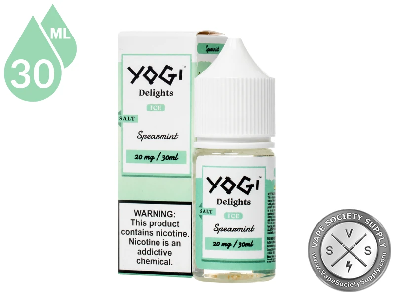 Spearmint Delights YOGI SALTS 30ml nicotine salt vape juice bottle with retail box.